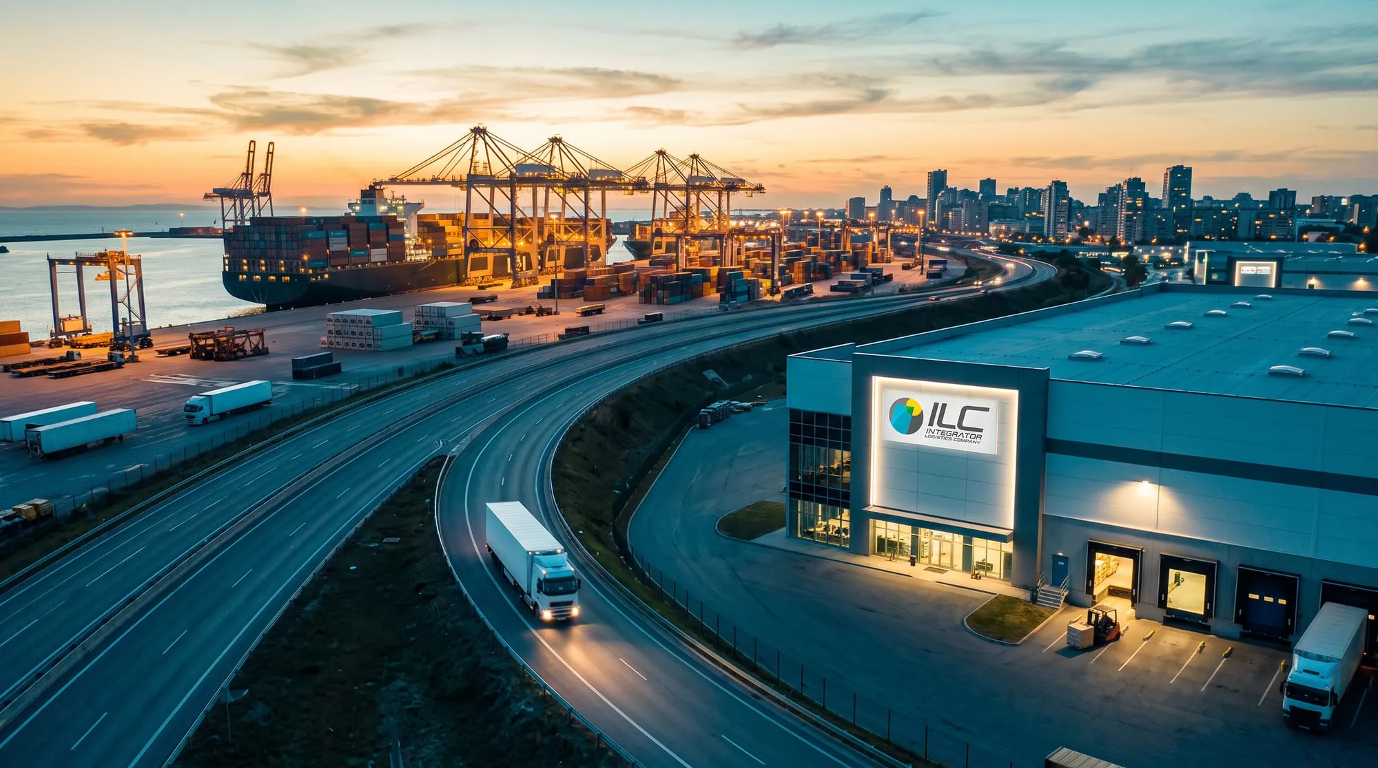 Vista aérea da cadeia logística ao entardecer: porto, rodovia e centro de distribuição da ILC