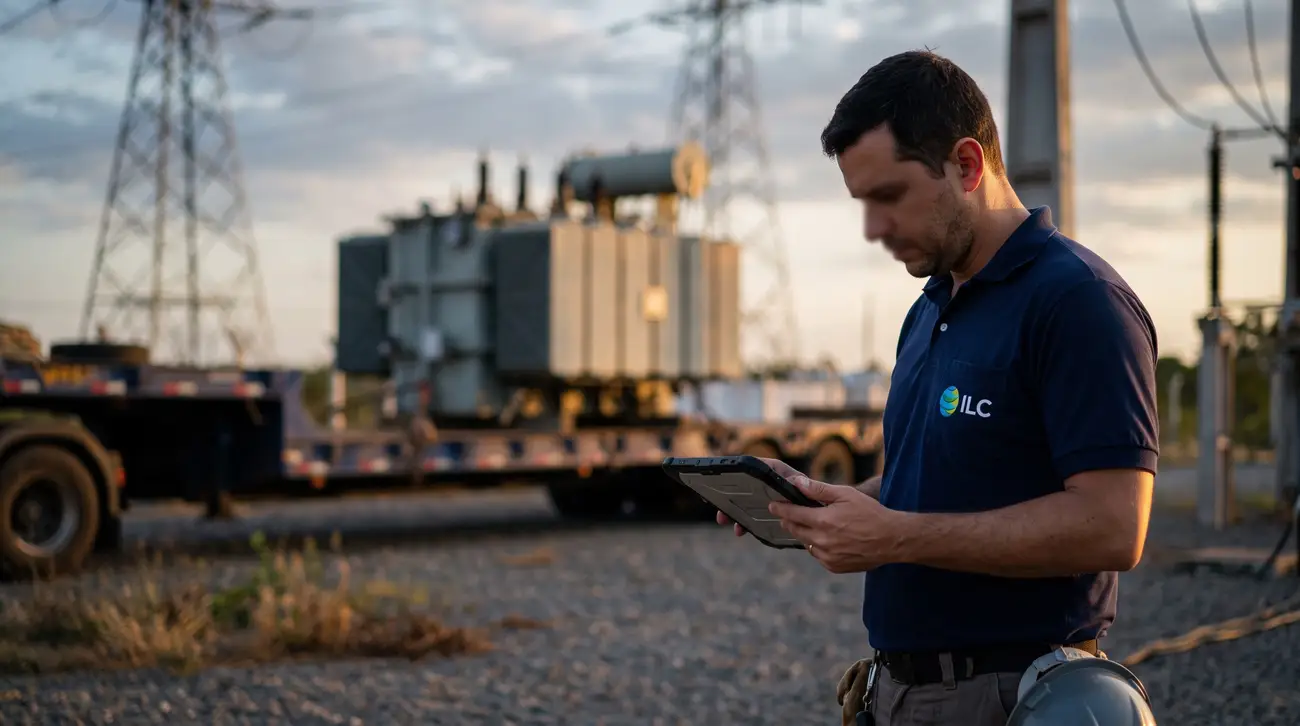 Coordenador da ILC com um tablet acompanhando a chegada de um transformador em uma subestação de energia