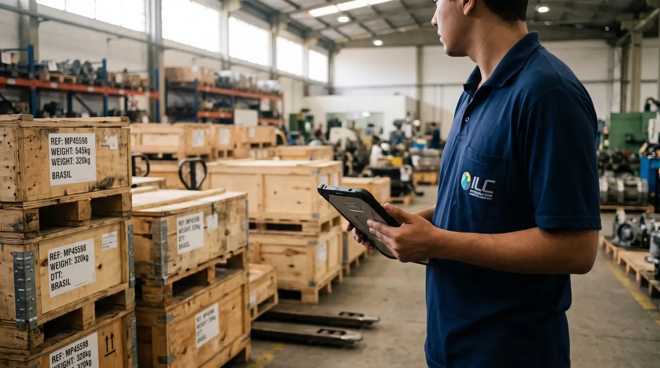 Coordenador da ILC com um tablet conferindo caixas de peças de máquinas em uma área de recebimento