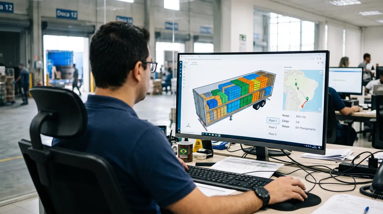 Planejador diante de um monitor com o plano tridimensional de carga de uma carreta e o mapa da rota ao lado
