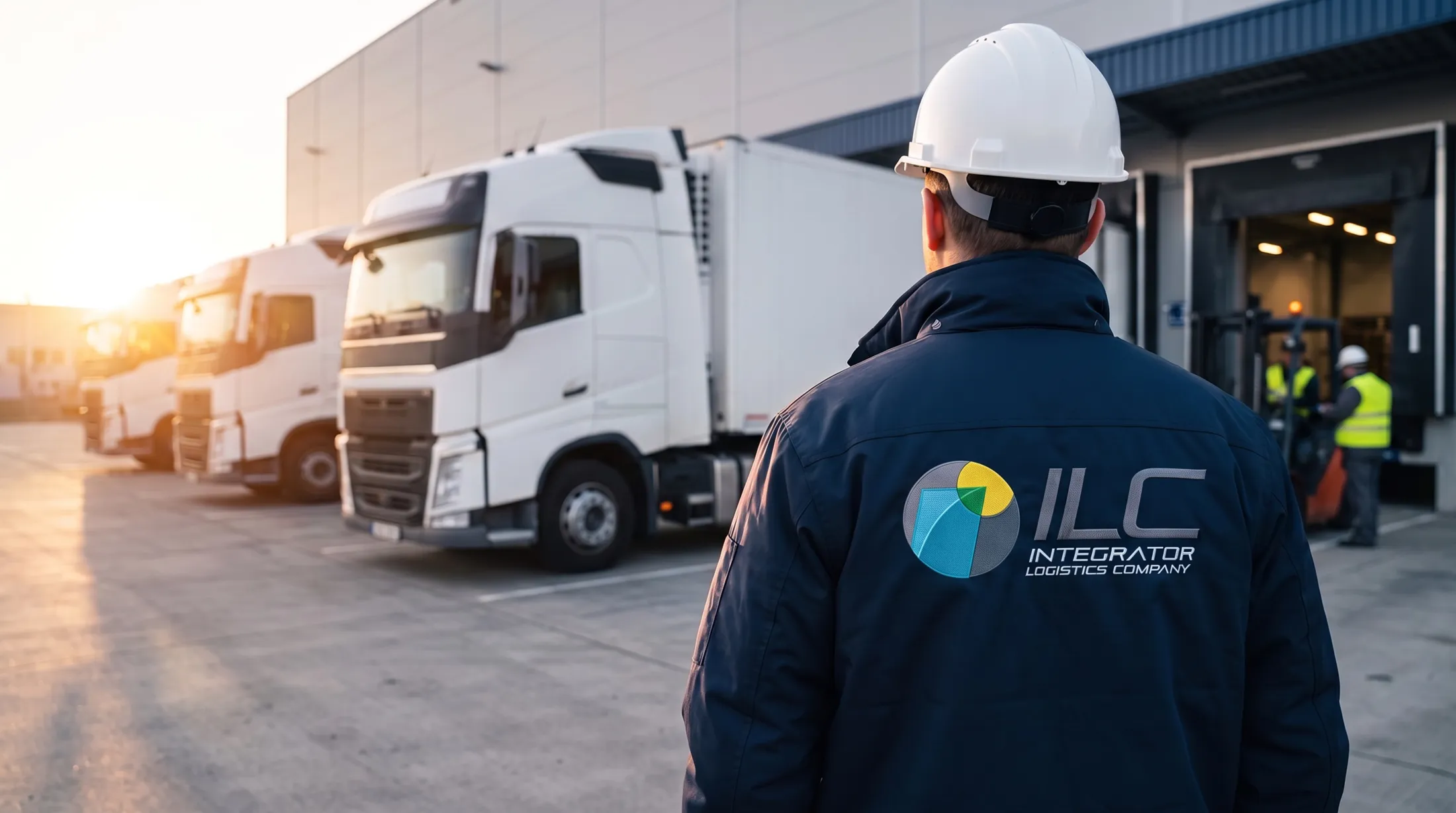 Supervisor da ILC acompanha o carregamento em um centro de distribuição, com caminhões de transportadores parceiros nas docas