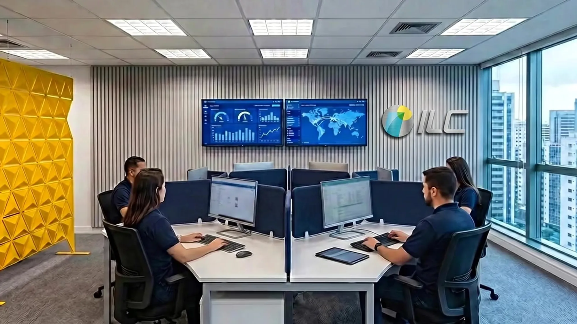 Analistas da ILC na torre de controle, acompanhando a operação em painéis com mapa e indicadores