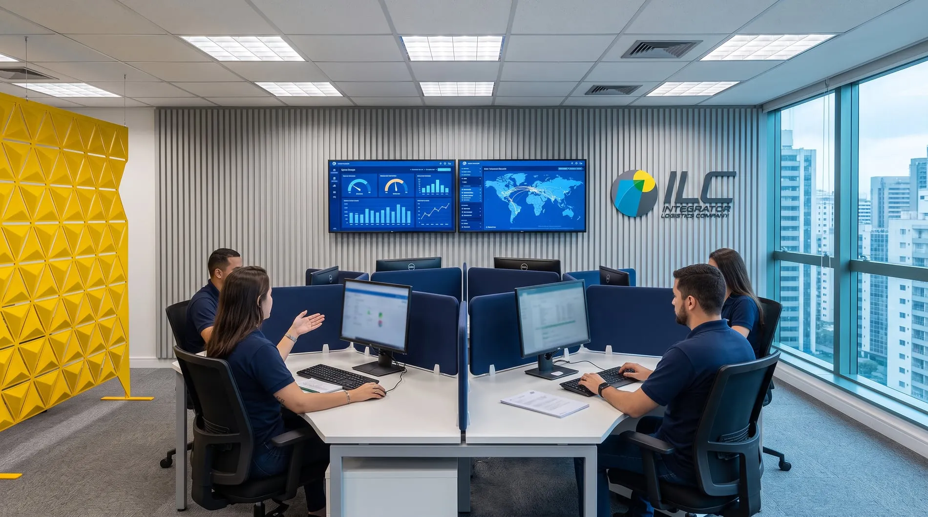 Analista da ILC acompanhando a operação à noite, com o pátio de caminhões pela janela